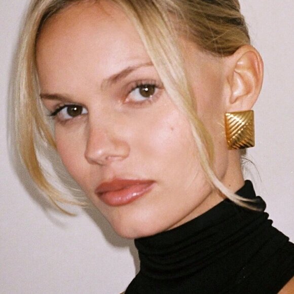 Yellow Gold Women's 18K Gold Plated Stainless Steel Striped Earring - Picture 2 of 10